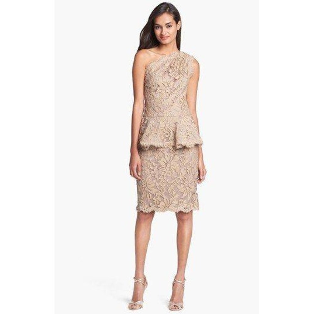Tadashi Shoji One Shoulder Lace Peplum Cocktail Dress Champagne Taupe Size‎ 8